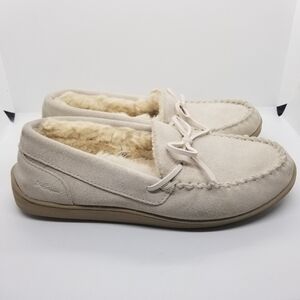 MySlippers Moccasin suede slippers with faux fur lining in Beach Beige US 9